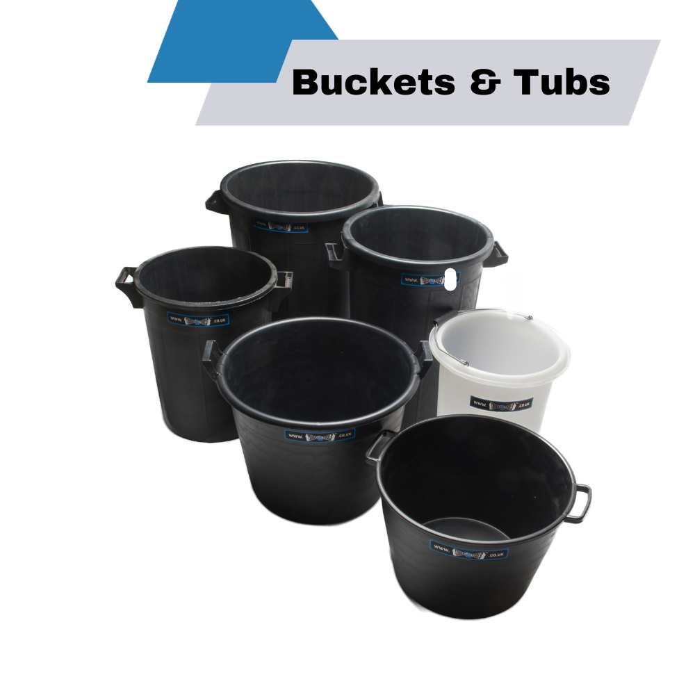 5 different sized black builders type buckets and one white bucket