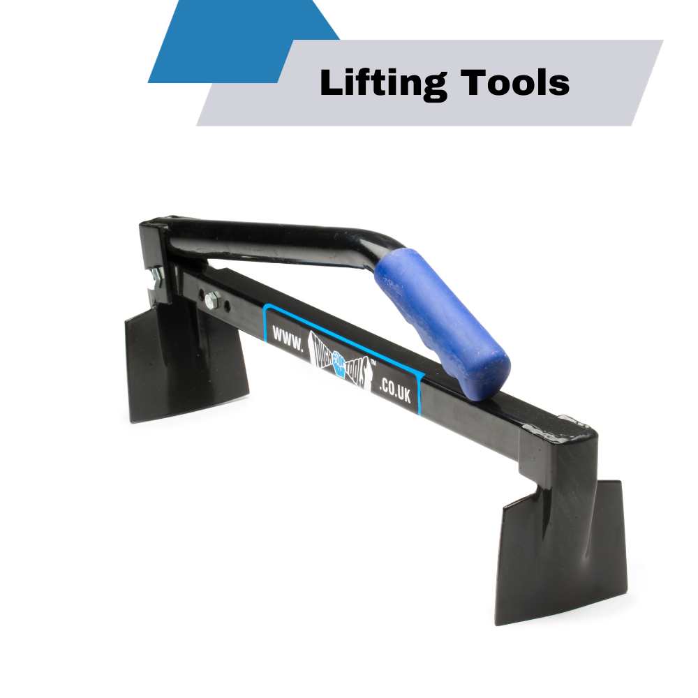 Black metal brick lifting tool with blue safety handle