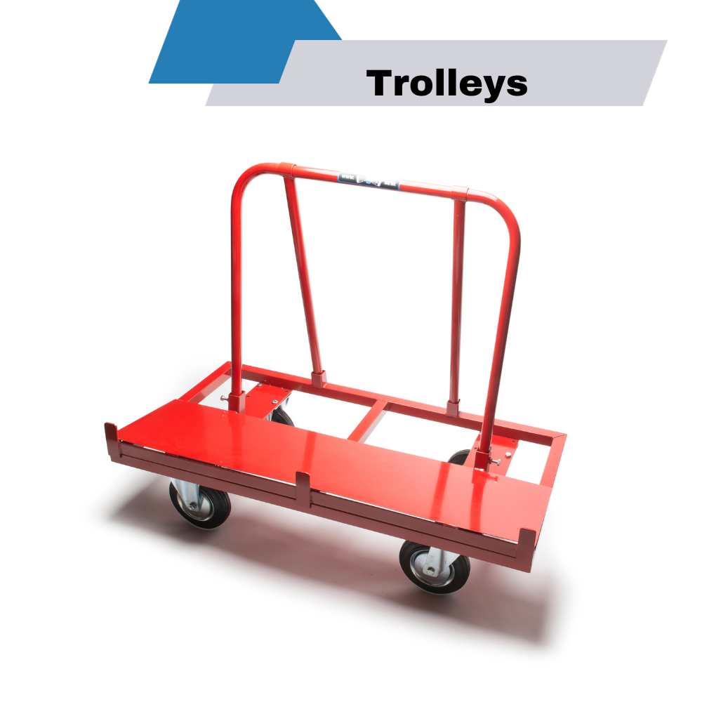 red metal trolley with 4 wheels to to carry plaster board or other sheet wood