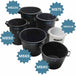 Set of black buckets with varying sizes and a white bucket, each labeled with a size code.