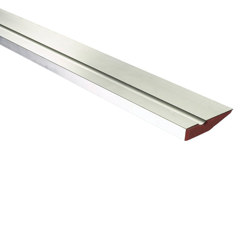 Plasterers Feather Edge Tool. Underneath view of Angled steel section with red insert ends for leveling out plaster