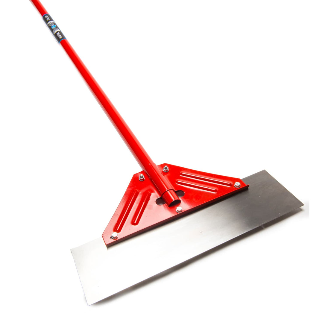 Red floor cleaning tool with a long handle on a white background