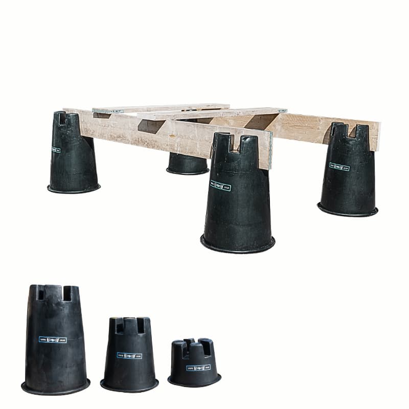 4 Plastic black buckets with wooden scaffold planks on top to form a temporary platform