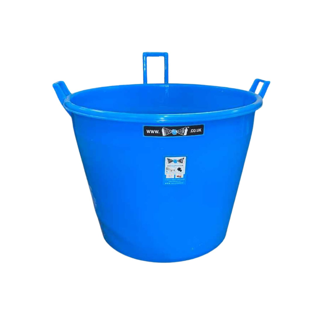 Blue plastic bucket with handles on a white background