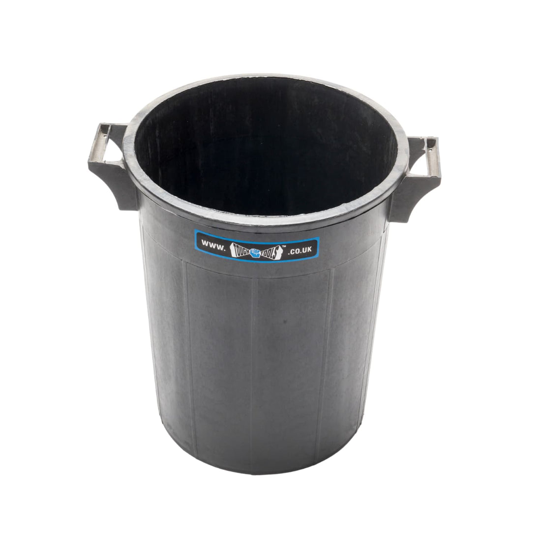 Black trash bin with a visible brand label on a white background