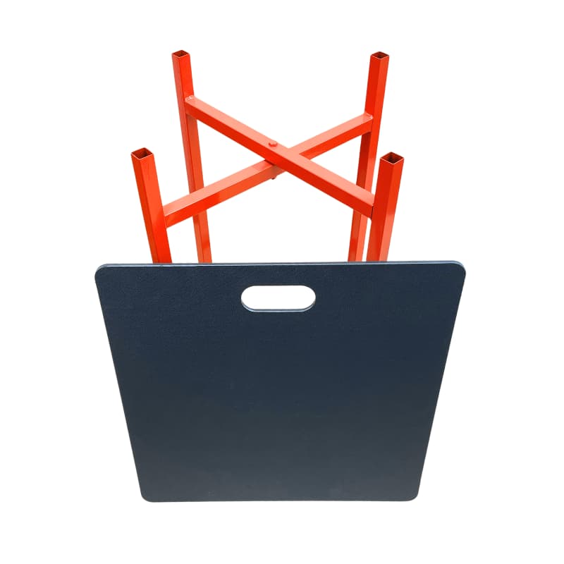 Red metal stand with a black base on a white background