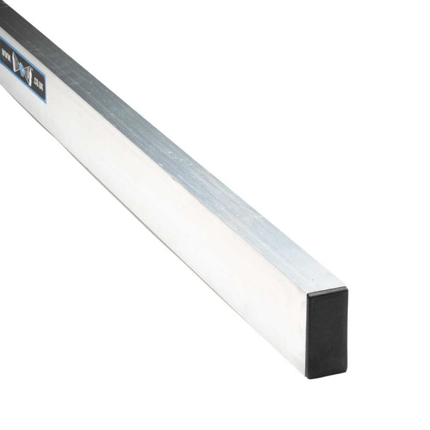 Rectangular steel section with black rubber insert in each end. Used for leveling plaster and floor screed.