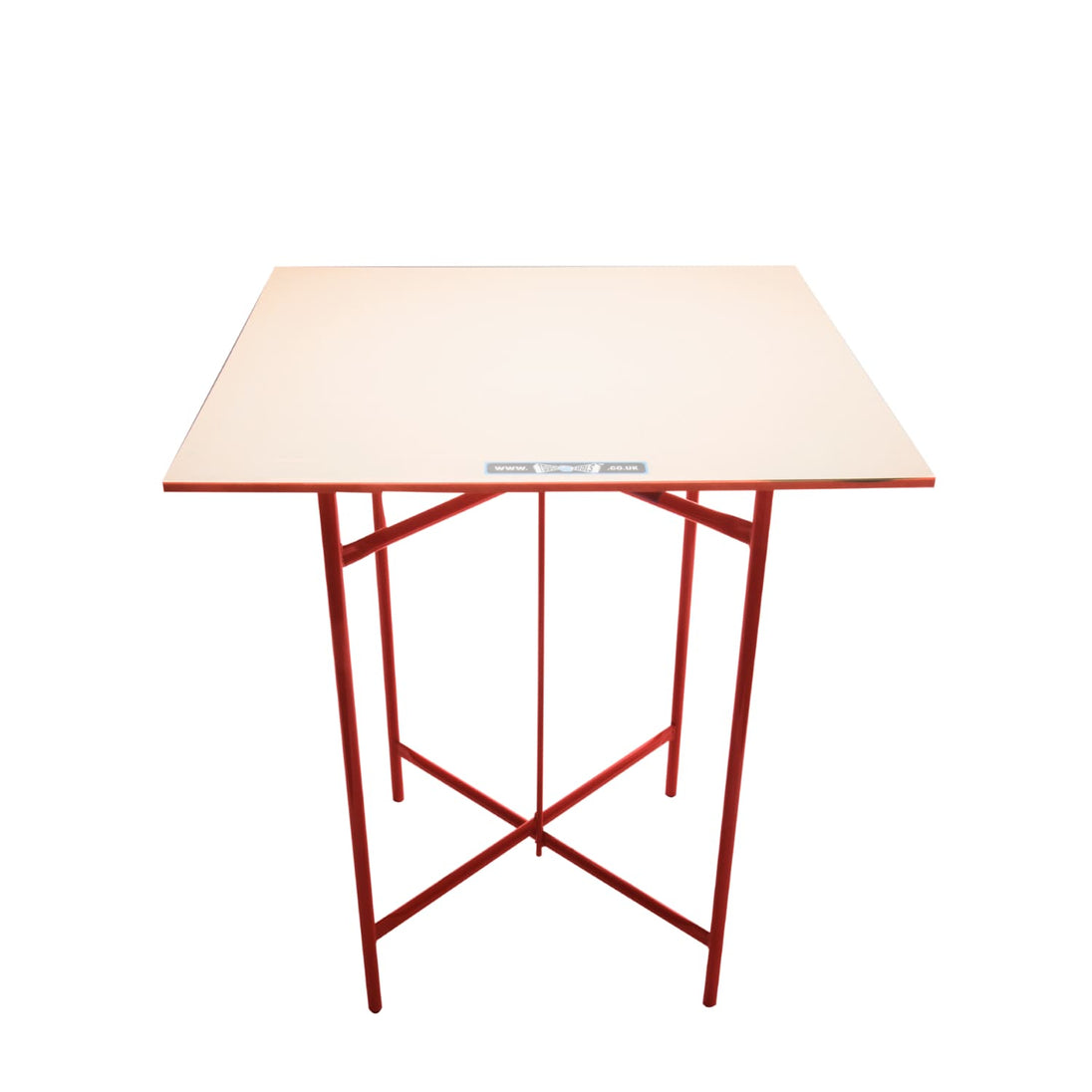Table with a beige top and red metal frame on a white background