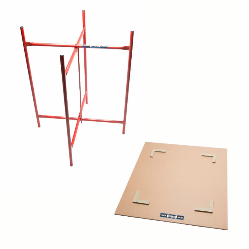 red metal stand with mdf square board
