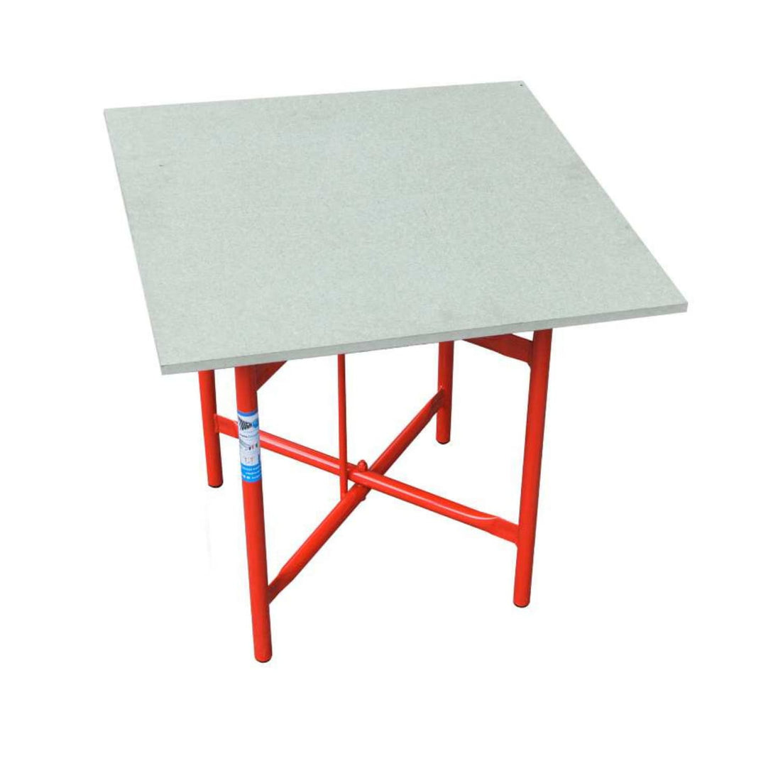 Table with a white top and red metal frame on a white background