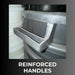 Close-up of reinforced handles on a vehicle, with text 'REINFORCED HANDLES' at the bottom.