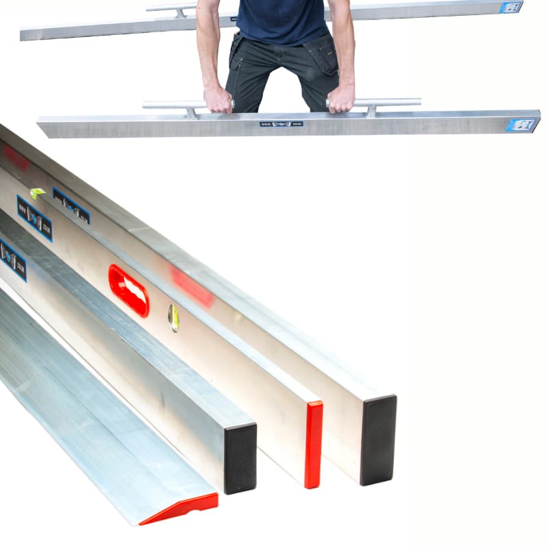 Person holding a long metal bar with various colored ends on a white background