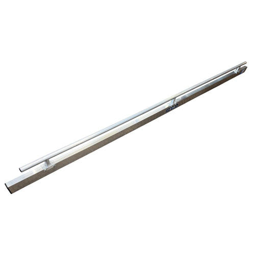 Long metal square tool with a metal tubular handrail on top