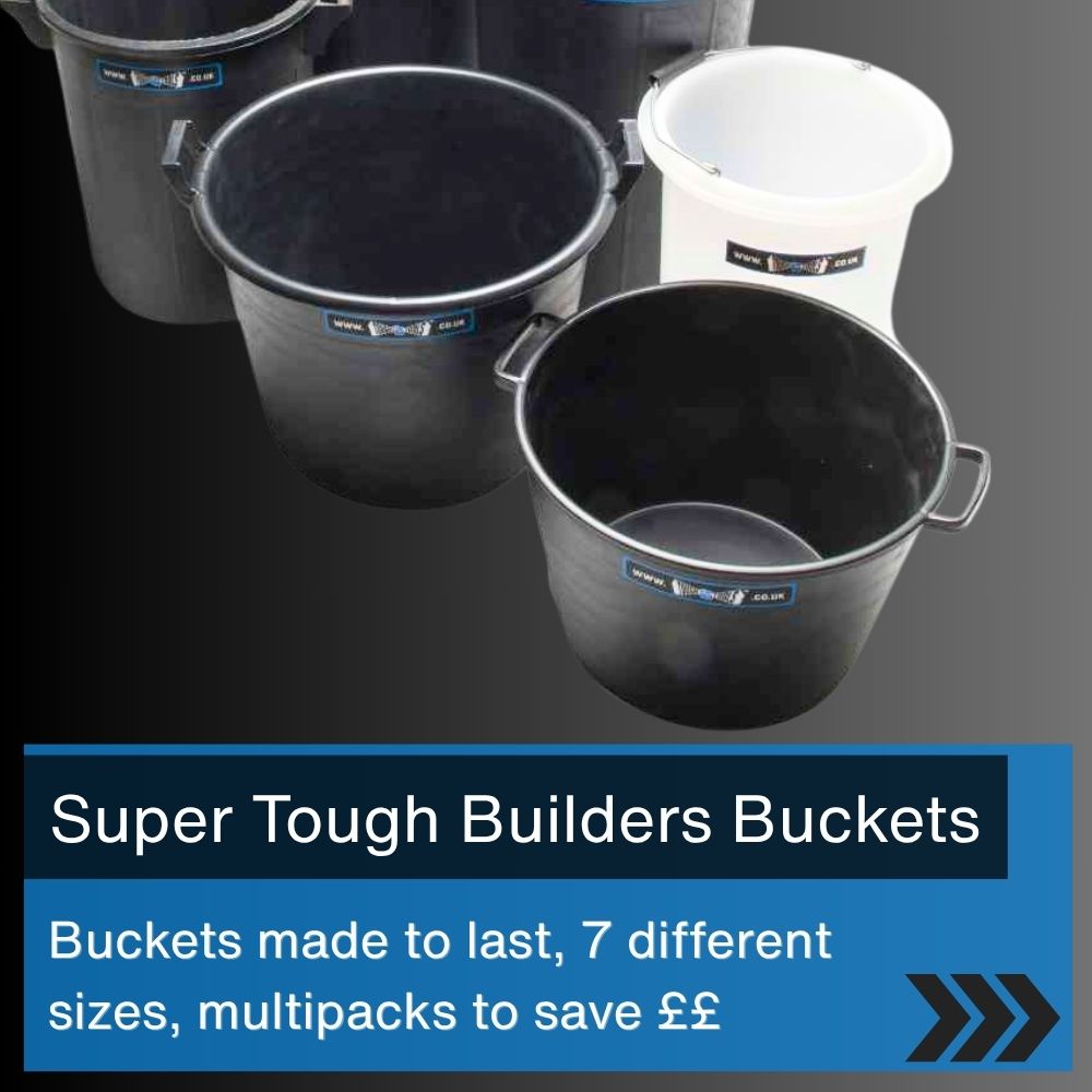 Black background with 5 black and white builders buckets