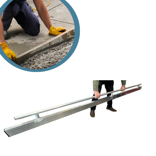 Person using a long metal tool on a construction site with a close-up inset of hands working.
