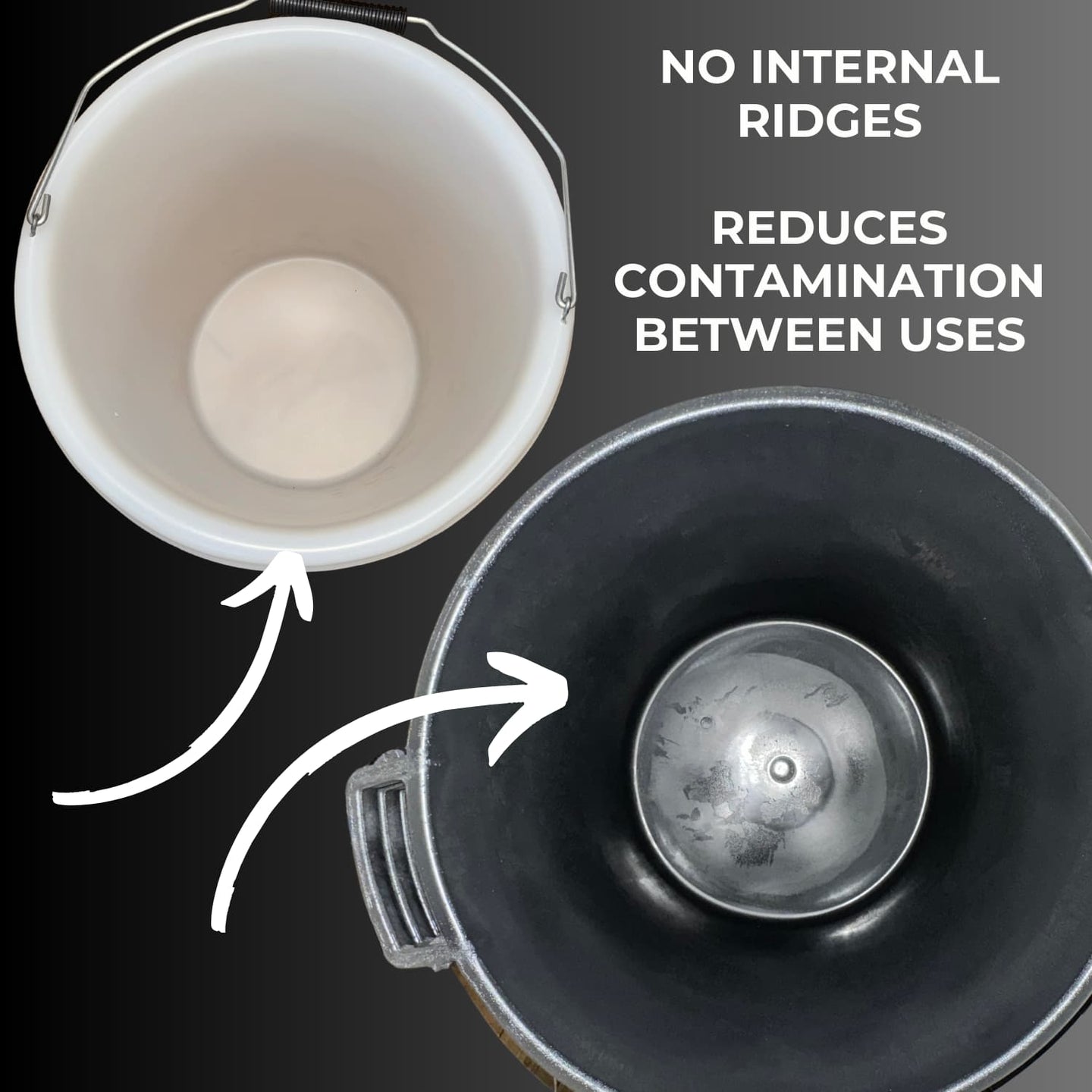 Comparison of a white container with no internal ridges and a black container with internal ridges, highlighting the design feature.