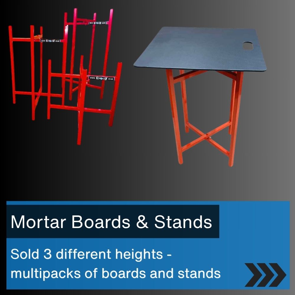 3 different sized mortar stands and one red mortar table with mortar board.