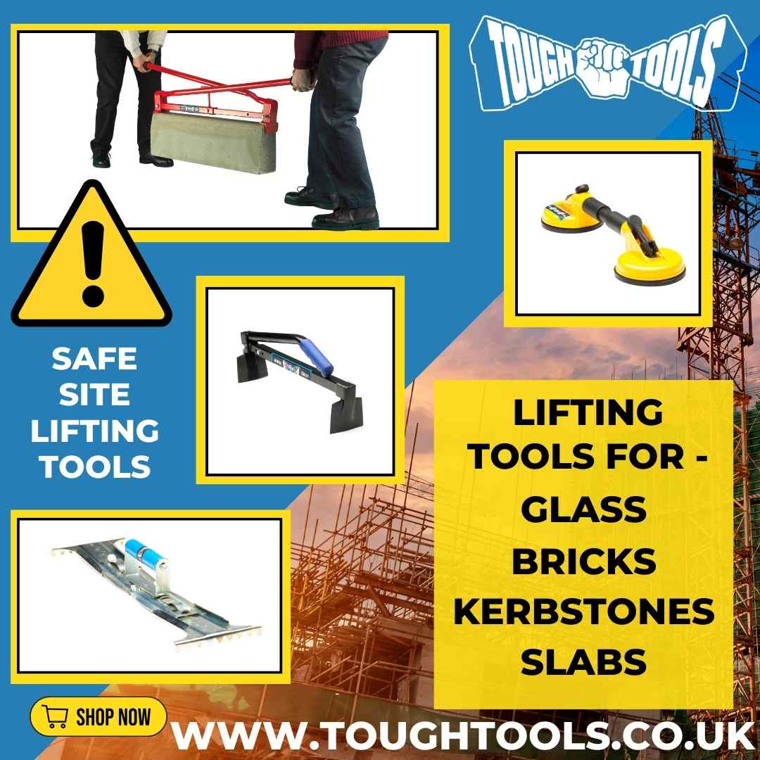 4 different lifting tools for lifting maertials on site including kerbstones, glass, slabs and bricks