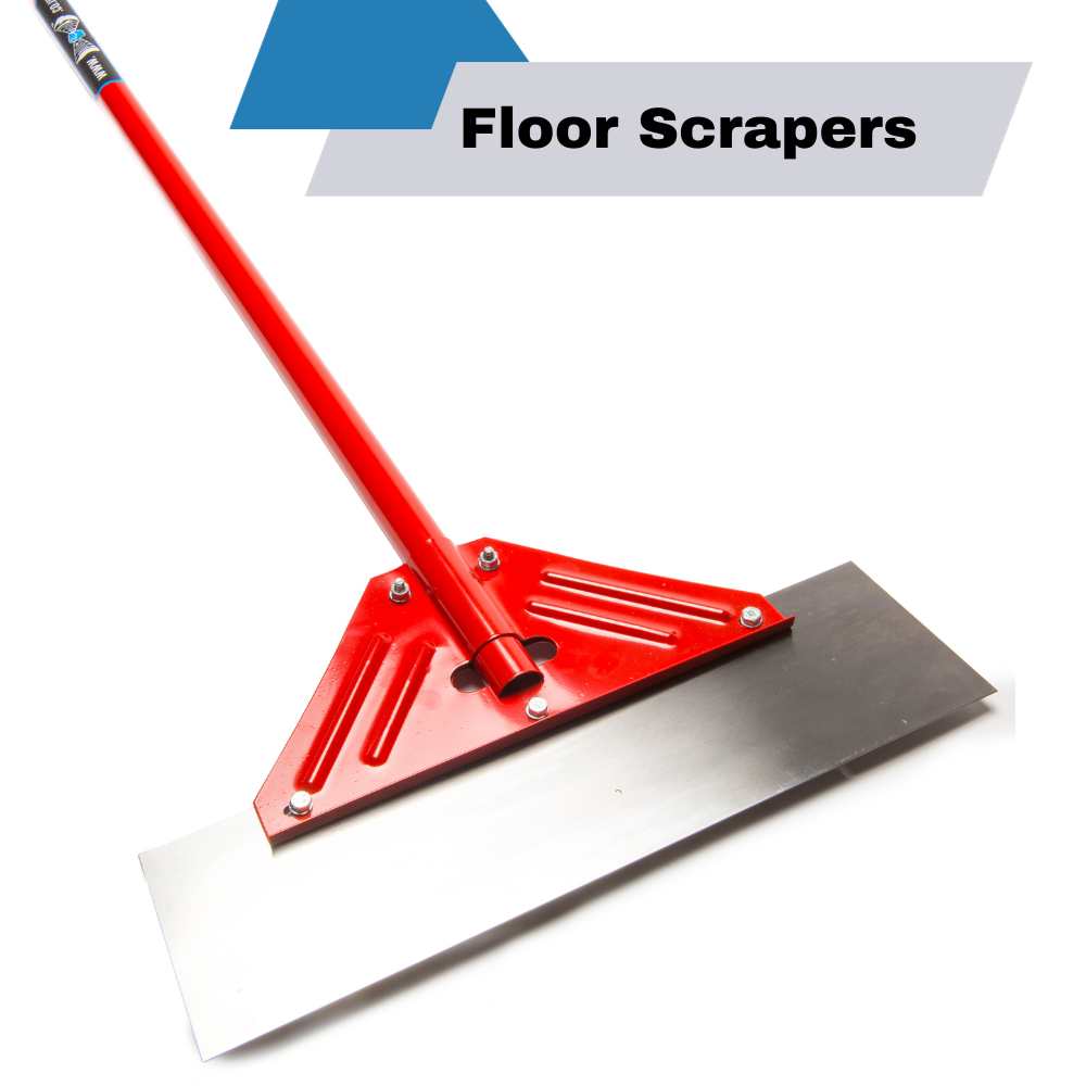 Metal floor scraping tool. With long red metal handle and steel blade.