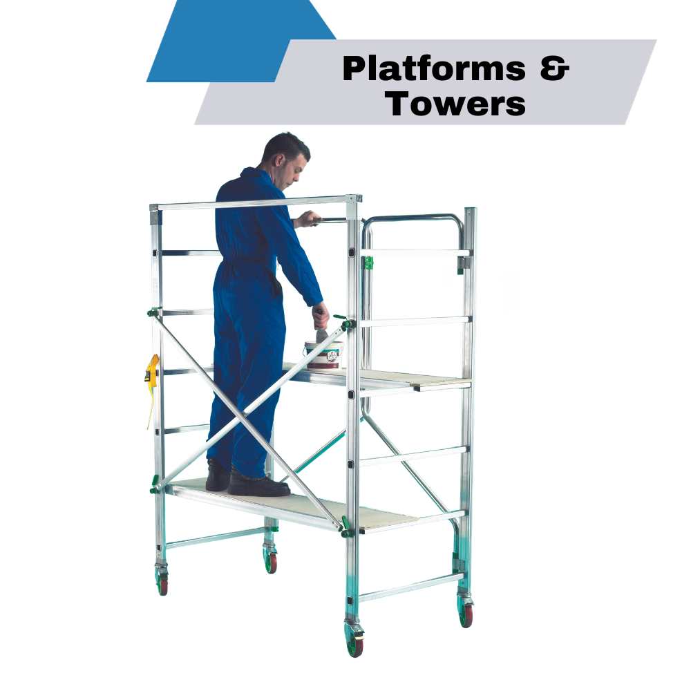 Aluminium mobile scaffold tower with a plasterer stood on one of the levels working at height