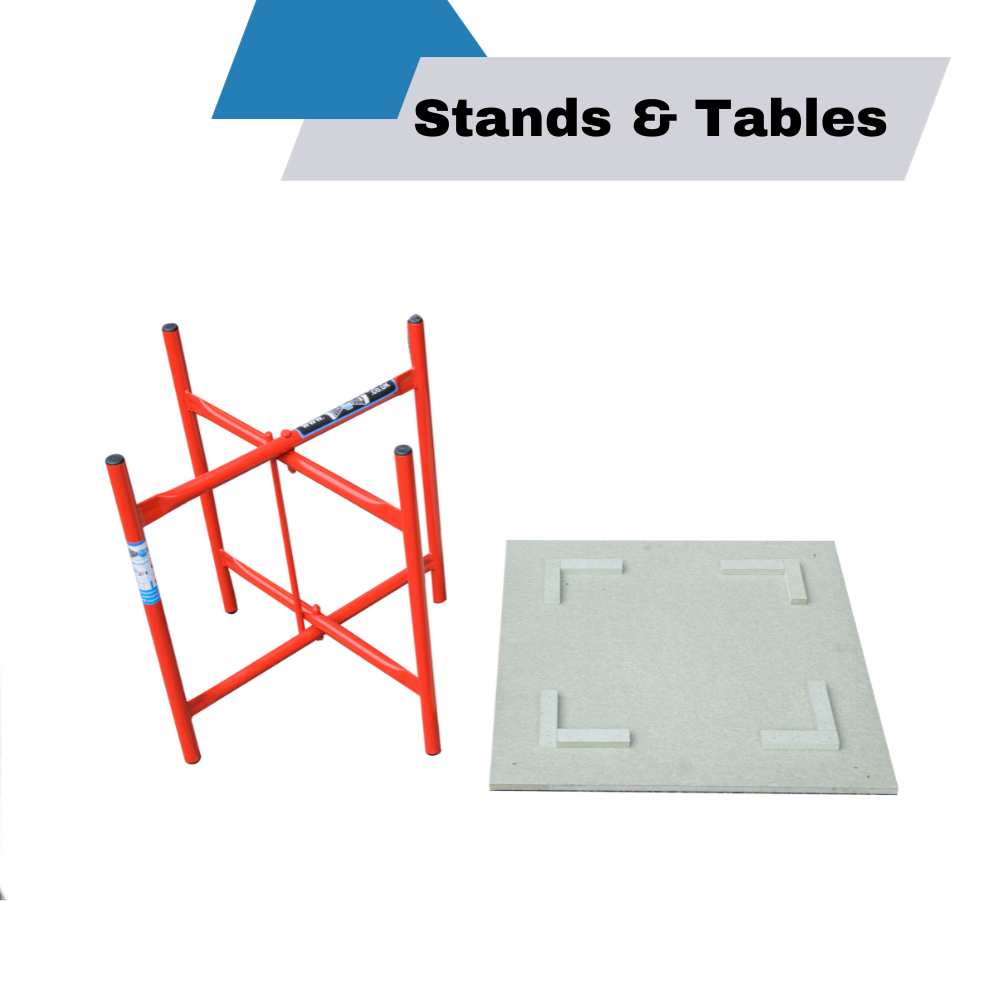Red metal framed stand used with square top for plasterers.