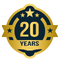 Logo celebrating 20 years with a yellow circle and blue border