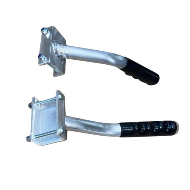 Aluminium handles with black rubber gripe to fix on to a long straight edge tool