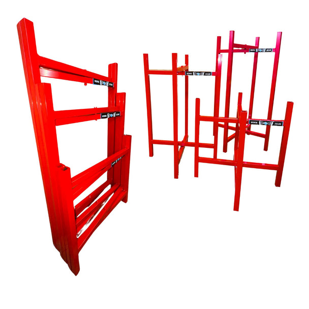6 red metal mortar board stands. 3 expanded at different heights and 3 collapsed and stood up to show easy transport to site.