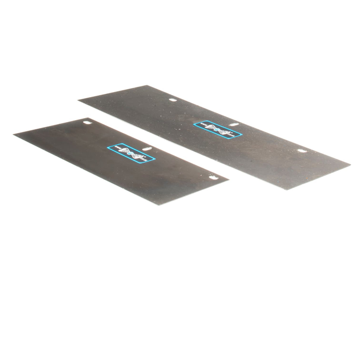 Two metal flat blades with a brand logo on a white background
