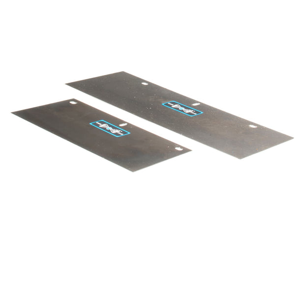 Two metal flat blades with a brand logo on a white background