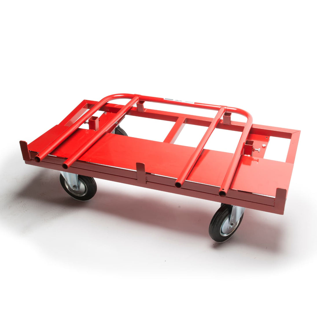 Red metal cart with wheels on a white background