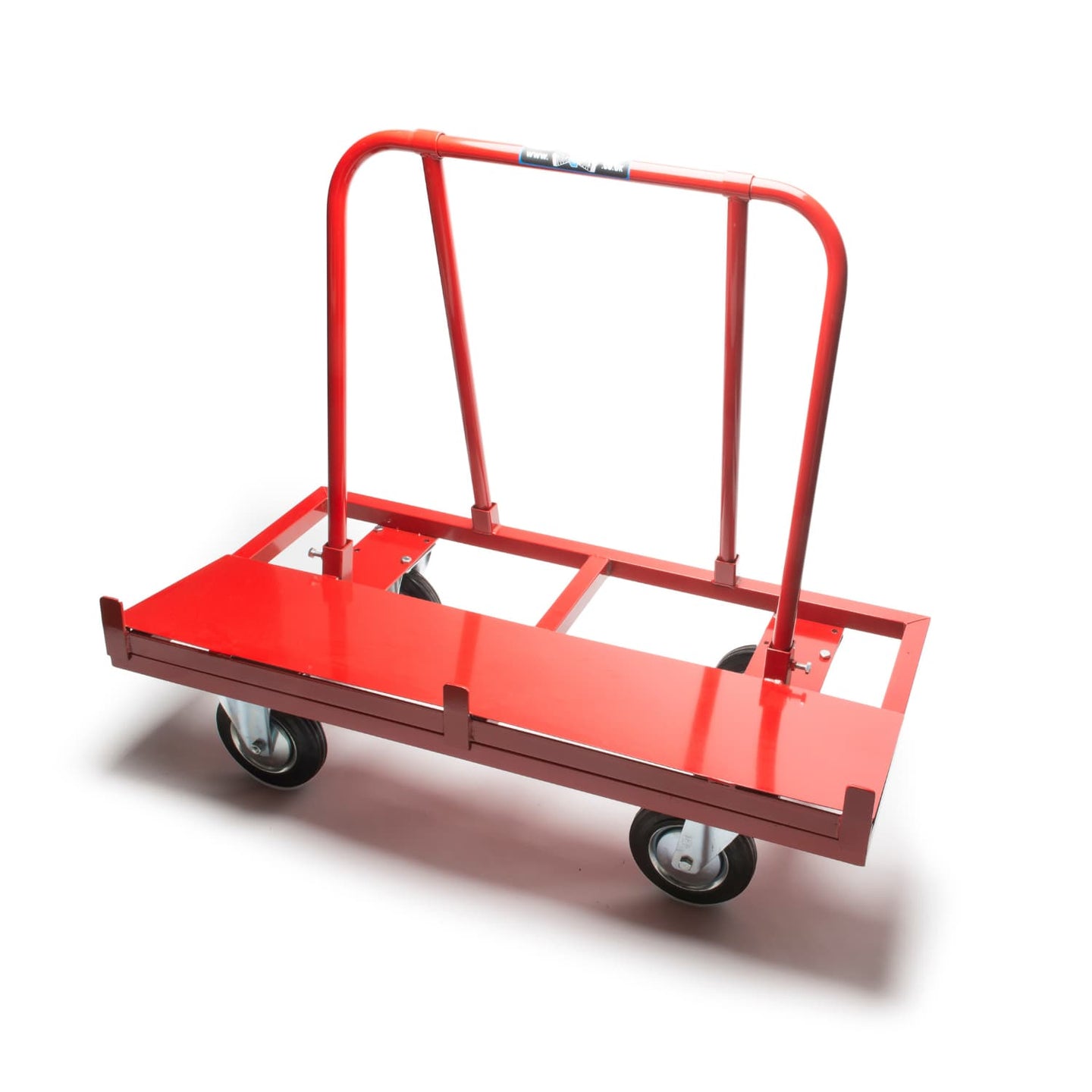 Red flatbed cart with handle on a white background