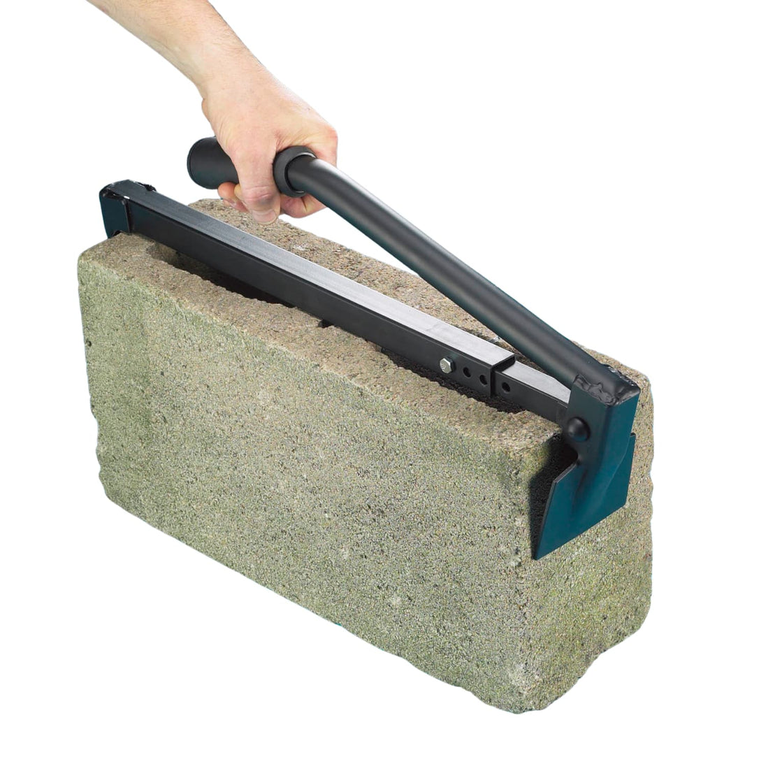 Black metal lifting tool holding a grey breeze block