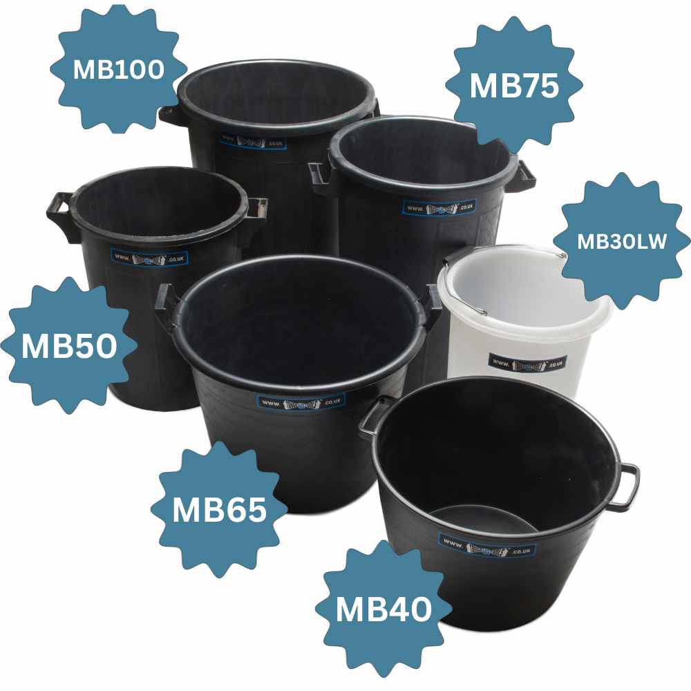 Six different black builders buckets with labels showing how many litres each bucket holds.