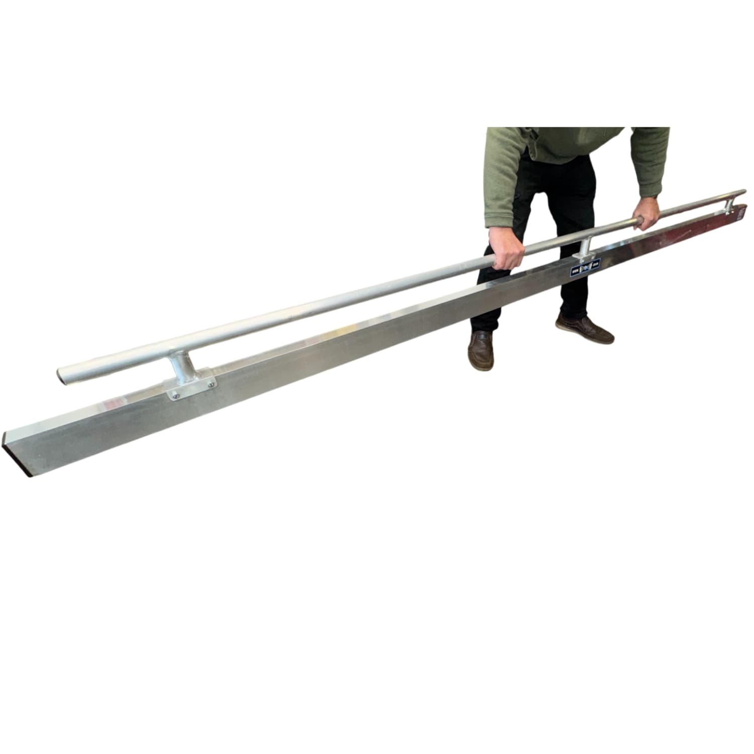 Person holding a long metal tool with a handrail on top