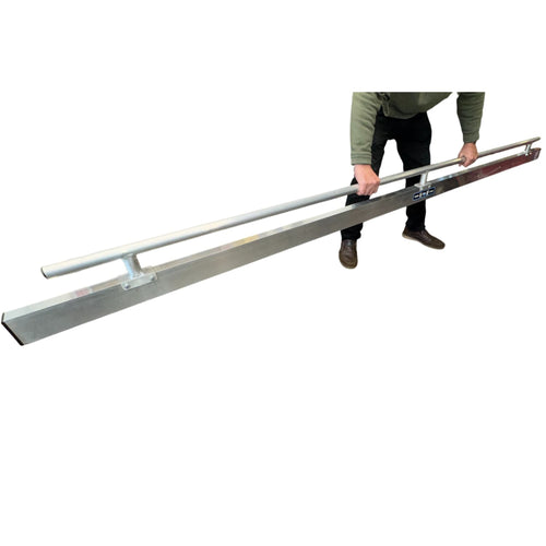 Person holding a long metal tool with a handrail on top