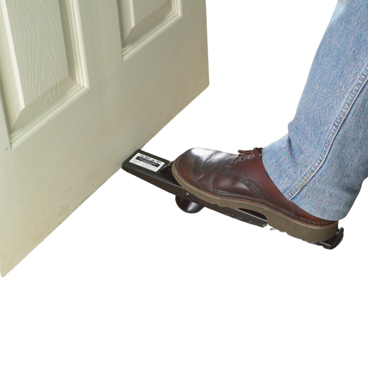 Person using a door stopper to lift a door