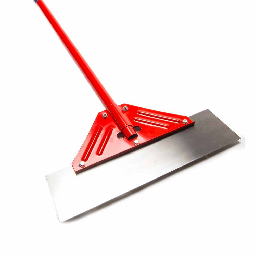 Metal Floor scraper with red handle. Stainless steel rectangular blade for industrial floor scraping.