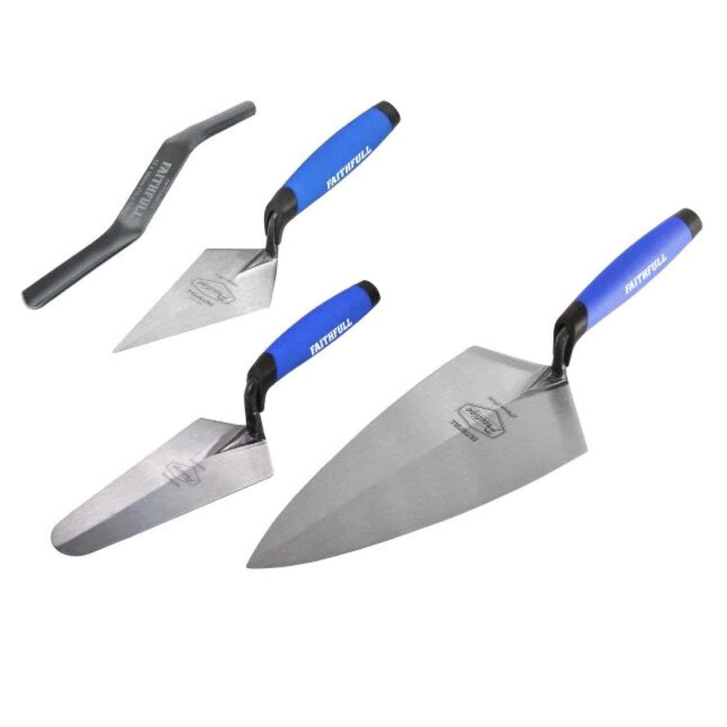 Set of four brick trowels with blue handles on a white background