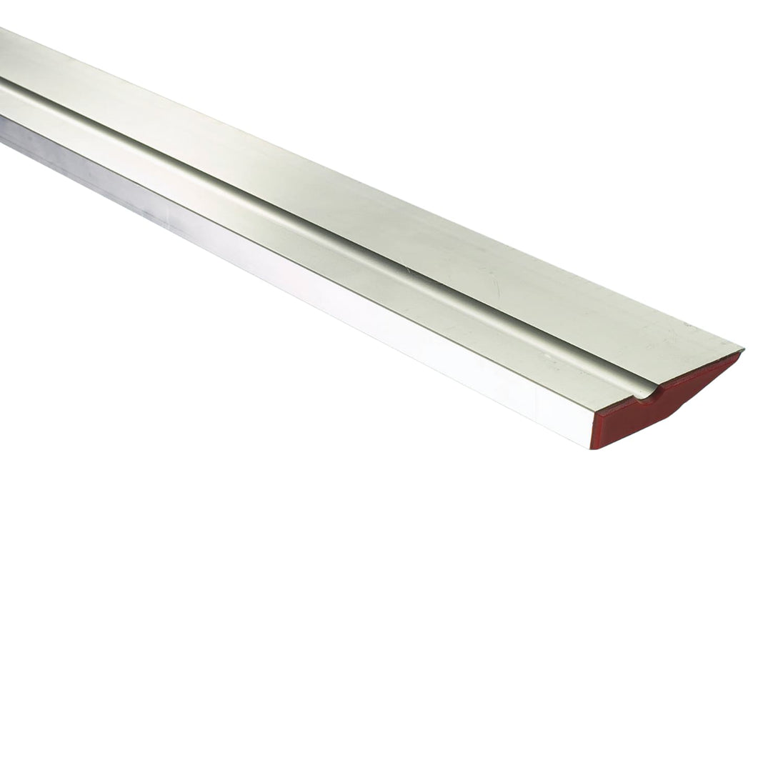 Plasterers Feather Edge Tool. Underneath view of Angled steel section with red insert ends for leveling out plaster