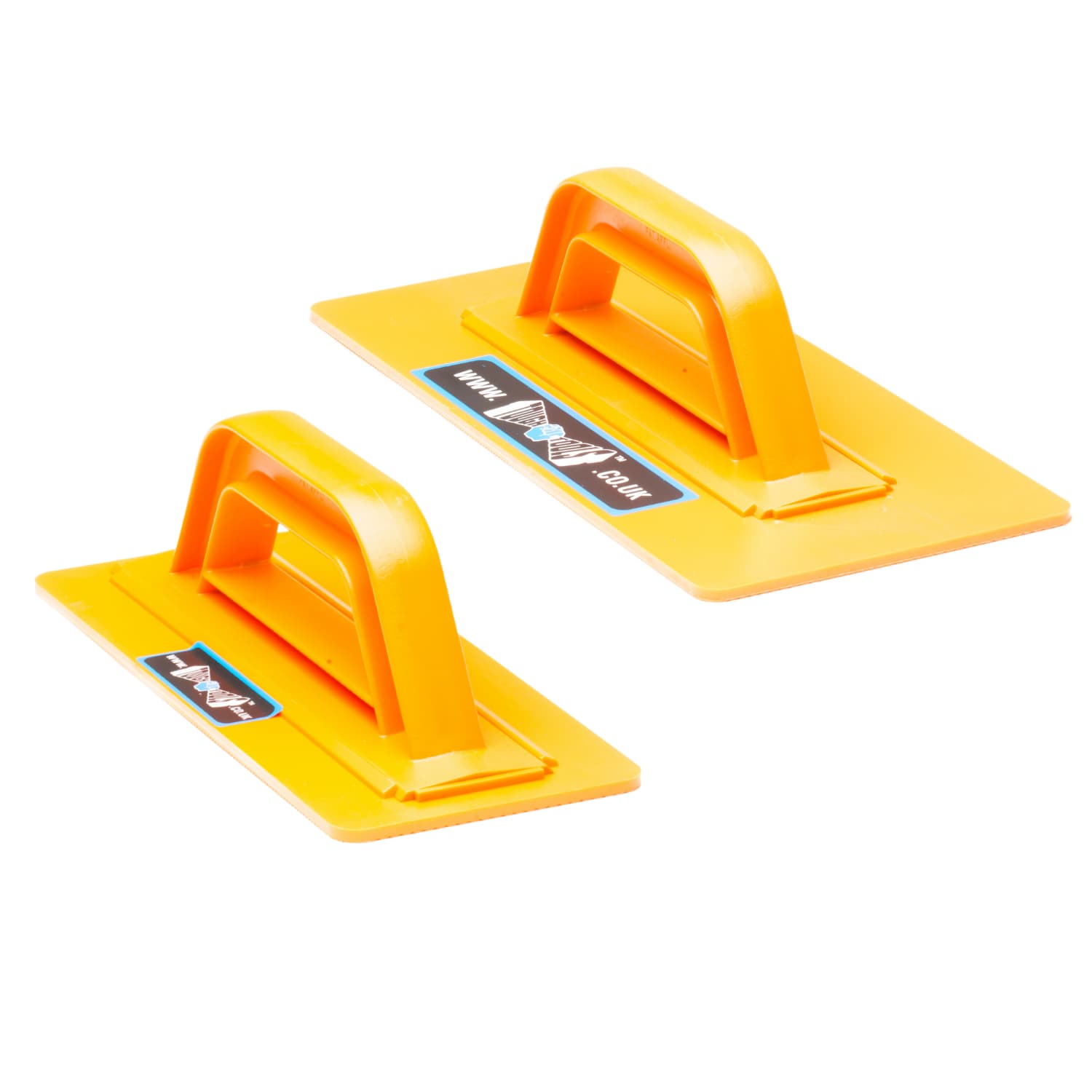 Two yellow plastic float tools with handles on a white background