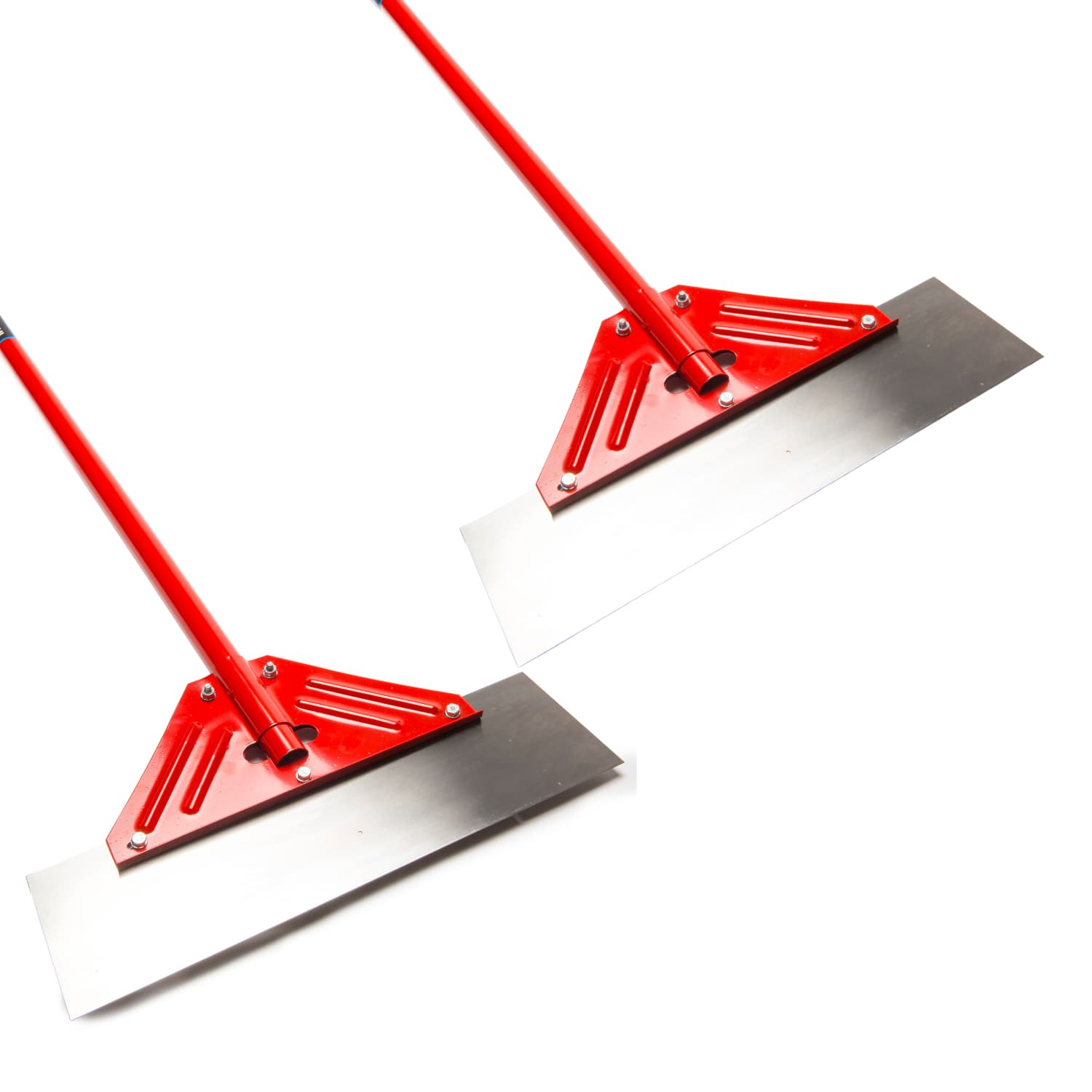 Two red floor scrapers with metal blades on a white background