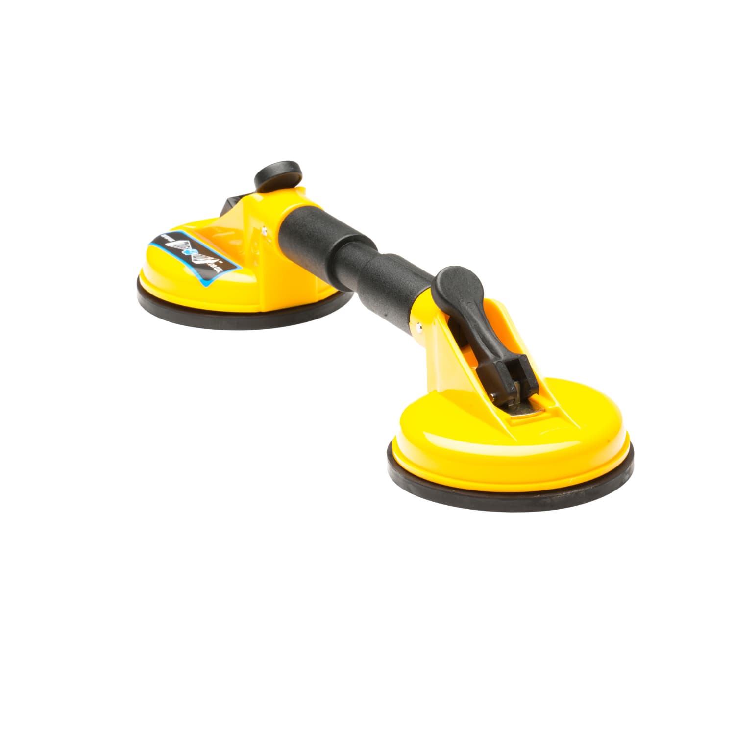 Yellow suction cup tool with black handle on a white background