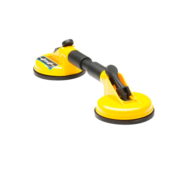 Yellow suction cup tool with black handle on a white background