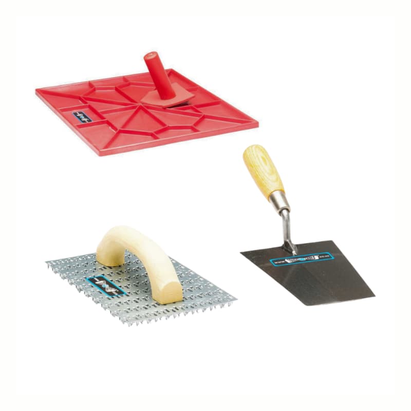 Set of construction tools including a red square trowel, a flat metal trowel with a wooden handle, and a square notched trowel on a white background.