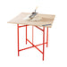 Red metal plastering table with top board and a dollop of plaster on top