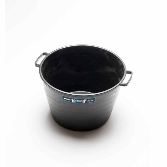 Strong black builders bucket with two handles that holds 40 litres. Used for carrying rubble, plaster and other building materials