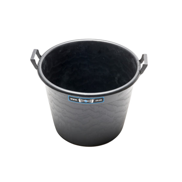 Black plastic bucket with handles on a white background