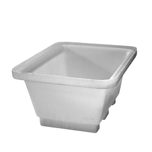 White plastic tub with ridges to be lifted by fork truck