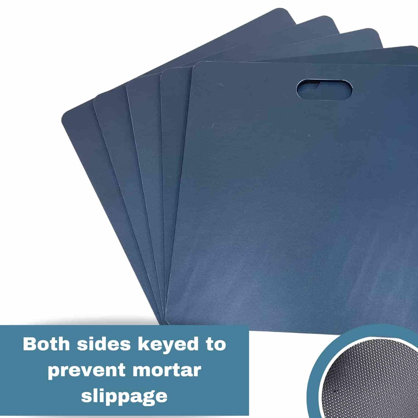 a selection of black mortar boards with a close up section of the keyed surface which helps with preventing mortar sliding off.